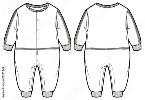 Baby boy Long sleeve sleep suit rompers design flat sketch fashion illustration drawing template mock up with front and back view. Toddler baby boy and girl Onesies bodysuit T shirt cad drawing