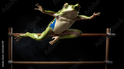 Frog jumping over a high jump bar. Generative AI photo