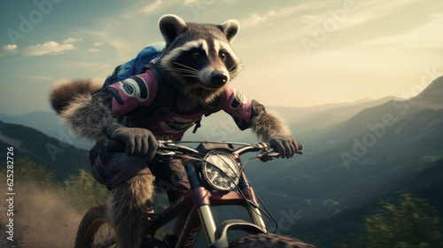 Cycling raccoon on a mountain trail. Generative AI © VectorCookies