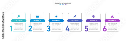 Timeline infographic with infochart. Modern presentation template with 6 spets for business process. Website template on white background for concept modern design. Horizontal layout.