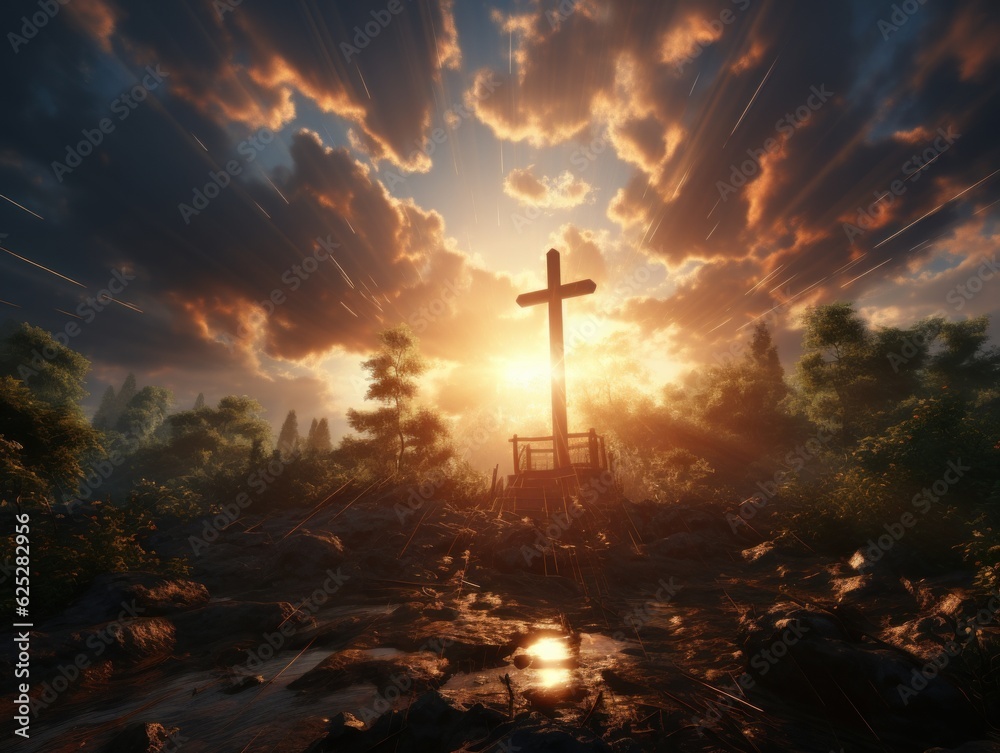 Wooden cross with clouds and sun rays behind cinematic photographic ultra high detail high contrast Wooden cross with clouds and sun rays behind cinematic photographic ultra high detail high contrast