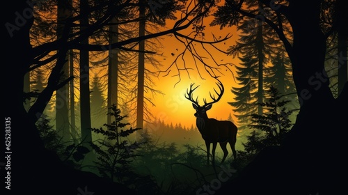 Silhouette of deer in sunset forest © Neo