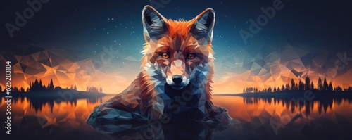 Fox animal with bokeh dark sunset background, night nature panorama. Generative Ai.