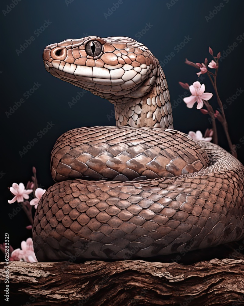 Fototapeta premium A snake on a dark branch in close-up. (Generative AI)