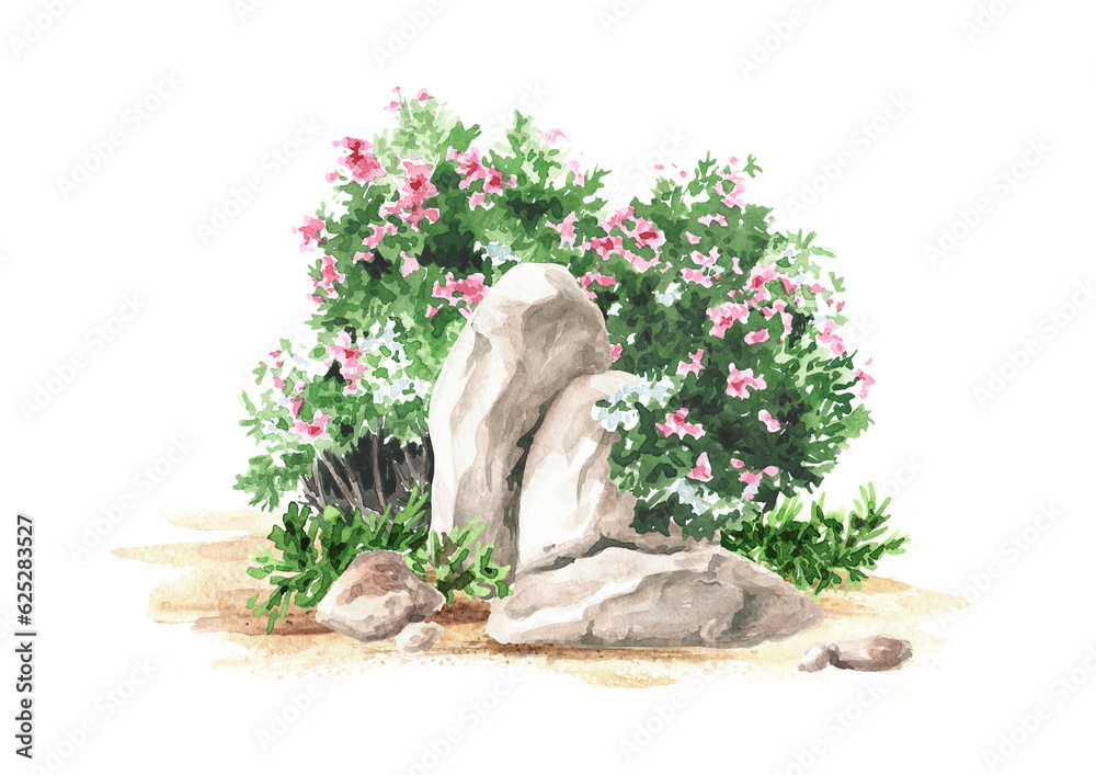 Stone and southern oleander shrub with pink and white flowers. An element of tropical nature. Hand drawn watercolor illustration isolated on white background Stone and southern oleander shrub with pink and white flowers. An element of tropical nature. Hand drawn watercolor illustration isolated on white background