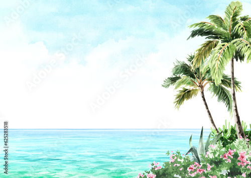 Seascape.Tropical palm beach, Sea, sand and blue sky,  summer vacation concept and background. Hand drawn watercolor illustration