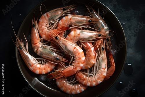 Fresh raw shrimp  langoustines in a plate close-up  top view.