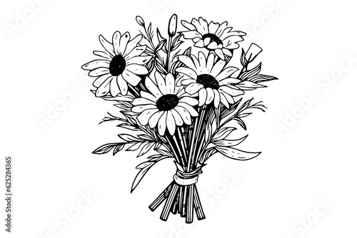 Hand drawn chamomile ink sketch. Daisy bouquet engraving vector illustration.