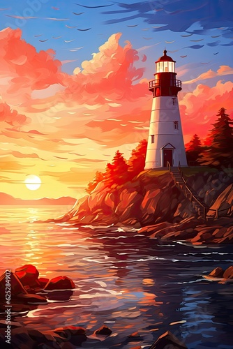 The sun sets behind a rocky shore lighthouse. (Generative AI)