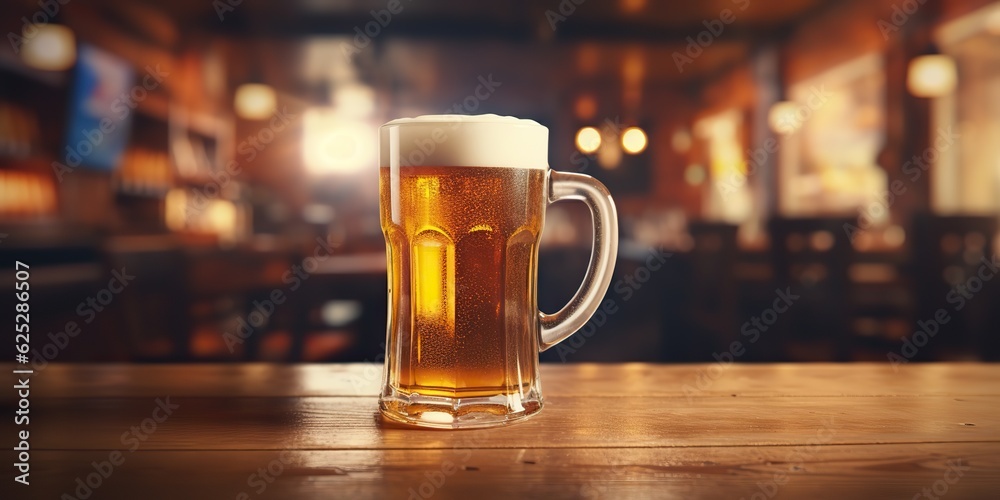 AI Generated. AI Generative. Beer glass mug with light beer at pub bar tavern background on wooden table night life party. Graphic Art