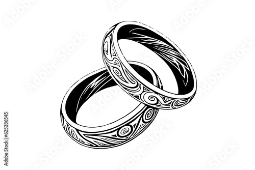 Vector hand drawn illustration of wedding jewelry rings in vintage engraved style.