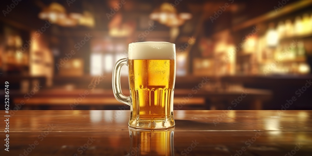 AI Generated. AI Generative. Beer glass mug with light beer at pub bar tavern background on wooden table night life party vibe holiday. 