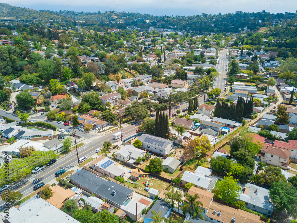 Aerial views of the Eagle Rock neighborhood in Los Angeles, California. High angle pictures taken with a drone on a cloudy but sunny, summer day.