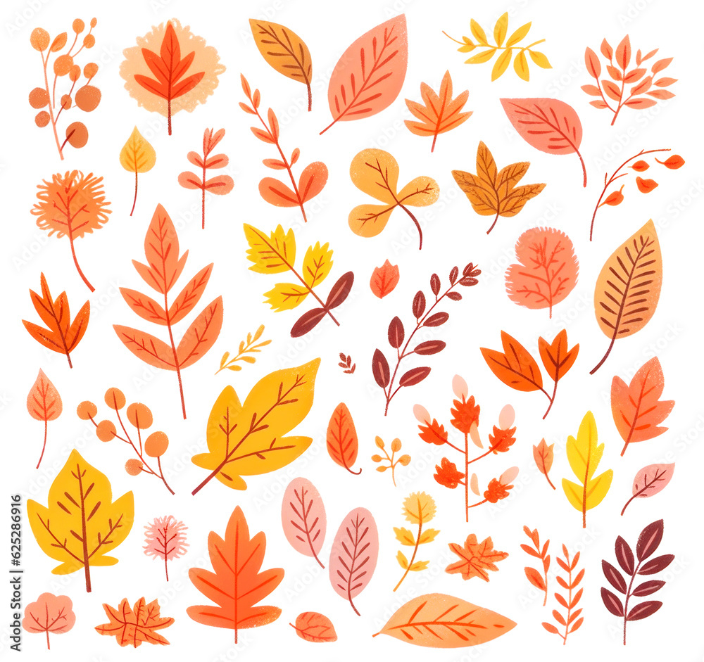 Set of colorful leaves in autumn hues isolated on white background, illustration in cartoon style