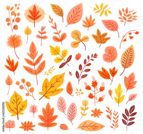 Set of colorful leaves in autumn hues isolated on white background  illustration in cartoon style