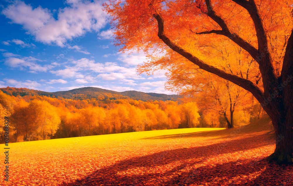 Fototapeta premium Autumnal landscape with yellow and orange leaves on trees. Nature background. Generative AI