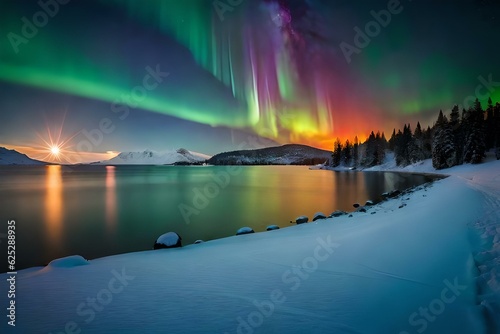 night sky covered with aurora borealis seen through binoculars -