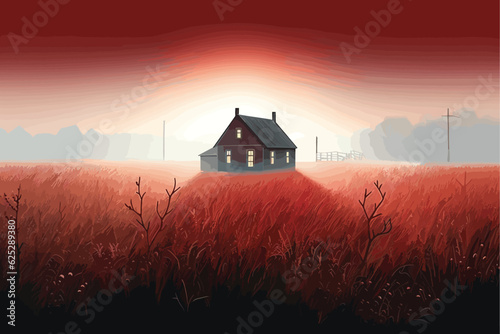 A cabin surrounded by fog red lights shining  Isolated Cabin in Mountains Surrounded by Deep Forrest, sunset in background with sunrays. Slovakia Tatra Mountains, Strasse Peso.