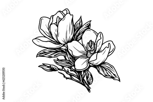 Hand drawn magnolia flower ink sketch. Engraving style vector illustration.