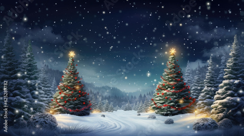 Christmas composition with snowy fir trees. Merry Christmas and Happy New Year banner. Holiday winter landscape. Created with Generative AI © Lazy_Bear