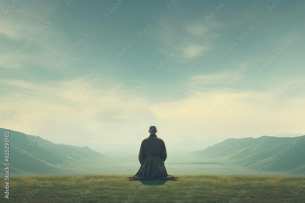 Surreal states of mind and meditation concept. Man silhouette sitting and meditating in surreal landscape with copy space. Minimalist geometric shapes and forms in background. Generative AI - obrazy, fototapety, plakaty 