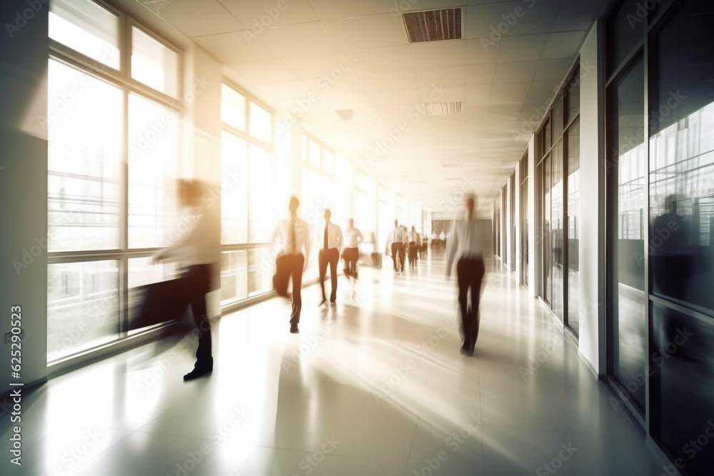 Business concept. Business people walking in corporate office. Motion blur image with copy space. Generative AI