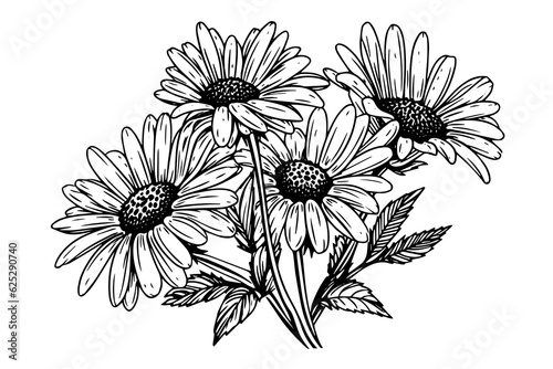 Hand drawn chamomile ink sketch. Daisy bouquet engraving vector illustration.