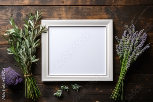 mockup frame  A vintage wooden frame graces an aged table  its charm enhanced by a neighboring bouquet of aromatic green herbs. Generative AI