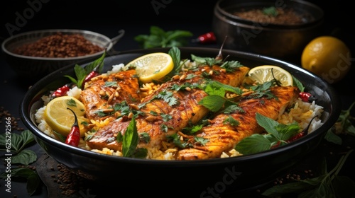 Seer Fish curry, traditional Indian fish curry ,arranged in a white ceramic bowl garnished with fresh red chilly and curry leaves on a grey textured background,