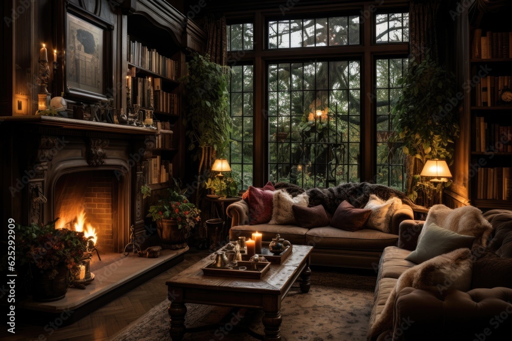 A snug living room space featuring plush seating arrangements, a crackling fireplace, and shelves stocked with assorted books and decor. Generative AI