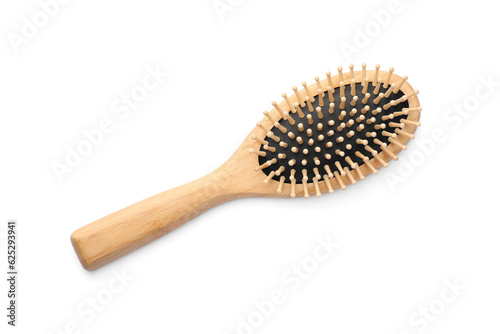 New wooden hair brush isolated on white  top view