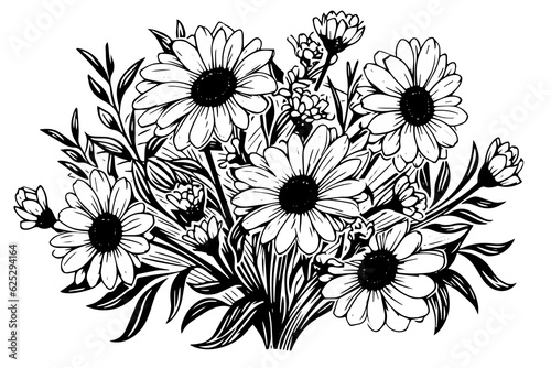 Hand drawn chamomile ink sketch. Daisy bouquet engraving vector illustration.