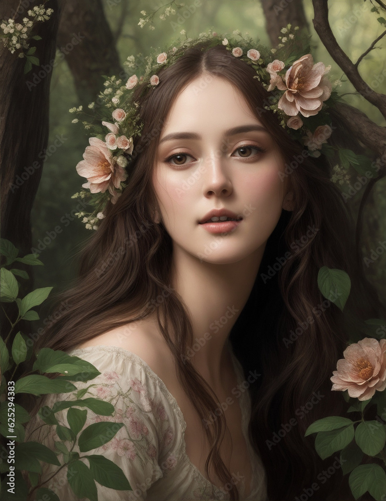 Dreamy fairy tale like painting of portrait of beautiful woman with flowers in her hair in the woods. Dreamy fairy tale like painting of portrait of beautiful woman with flowers in her hair in the woods.