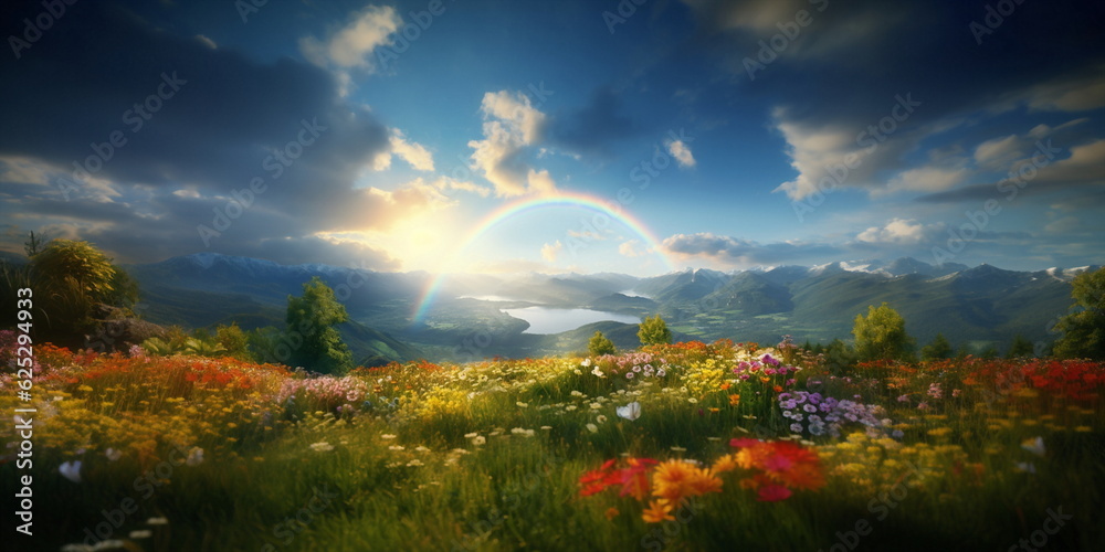 Fototapeta premium wild field rainbow on sunset sky across a stunning vista lake landscape,mountains wildflowers sun flares