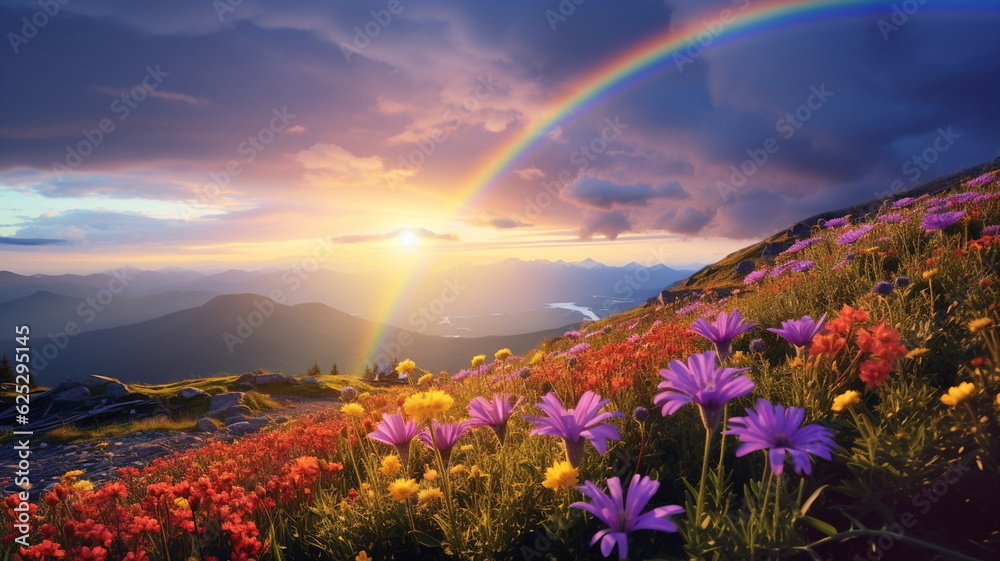Obraz premium wild field rainbow on sunset sky across a stunning vista lake landscape,mountains wildflowers sun flares beautiful nature landscape