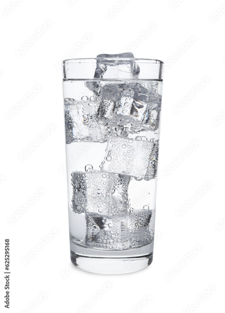 Glass of refreshing soda water with ice cubes isolated on white Glass of refreshing soda water with ice cubes isolated on white