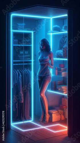 3d girl stands in front of an open wardrobe with shelves of things Generative AI