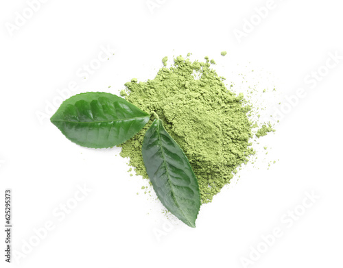 Pile of green matcha powder and fresh leaves isolated on white, top view