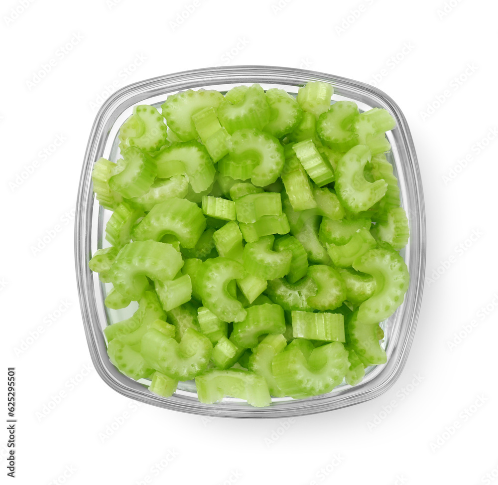 Glass bowl of fresh cut celery isolated on white, top view Glass bowl of fresh cut celery isolated on white, top view