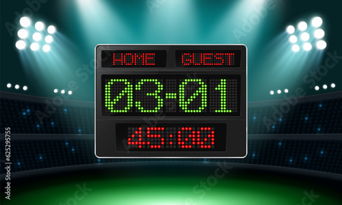 Football digital scoreboard with time and result display. Sport template for your design. Vector illustration.