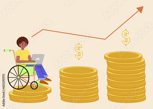 Cheerful woman on wheelchair holding laptop. Disabled woman working remote and earning money. Vector Illustration in cartoon style