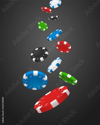 Falling poker chips on dark background. Vector illustration.