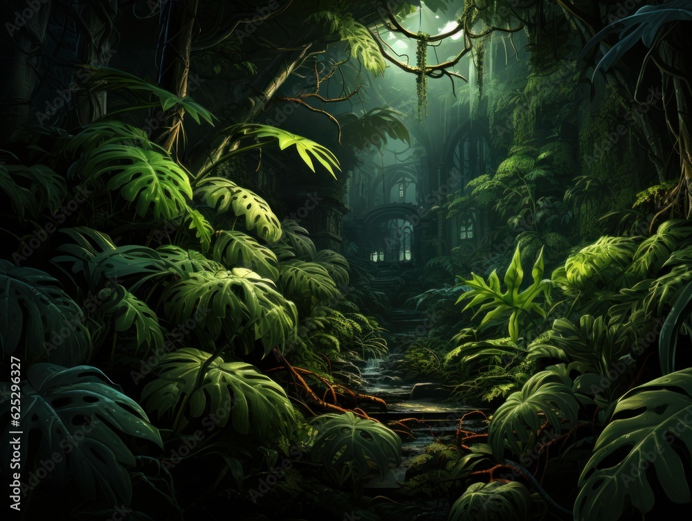 Picture a digital painting, featuring detailed jungle leaves as gaming ...