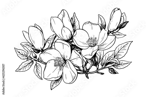Hand drawn magnolia flower ink sketch. Engraving style vector illustration.