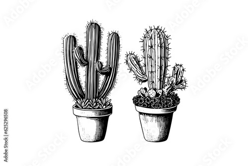Set of cactuses hand drawn ink sketch. Engraving style vector illustration.