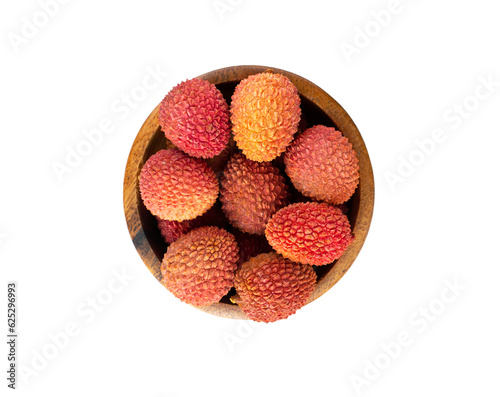 Lychee isolated on white background. Lychees in a bowl on a white background. Top view.