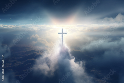 Culture and religion concept. Glowing catholic cross above planet Earth and surrounded clouds. Minimalist and surreal sacral illustration. Generative AI