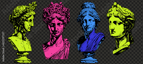 Set of color antique statue head of greek sculpture sketch engraving style vector illustration pack.
