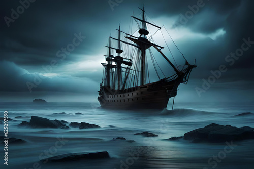 Sail into the mystique of the night as a majestic ship glides gracefully through calm waters, its silhouette illuminated by the moonlight casting ethereal reflections.