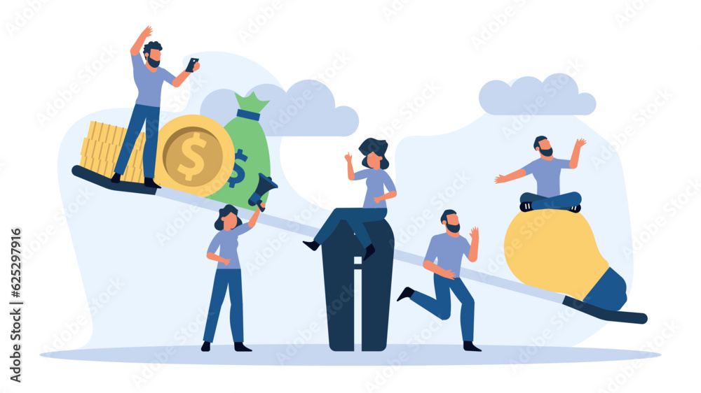 Money balance on scale comparison equilibrium vector business illustration. Idea light bulb and gold coin finance. Man and woman concept income investment earning. Profit work report weight cashflow Money balance on scale comparison equilibrium vector business illustration. Idea light bulb and gold coin finance. Man and woman concept income investment earning. Profit work report weight cashflow